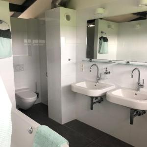a bathroom with two sinks and a toilet at Hestar Husid, het luxe paardenhuis in Weesp