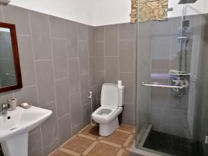 e bagno con servizi igienici, lavandino e doccia. di Khushi's Guest House - Cascavelle a Rivière Noire