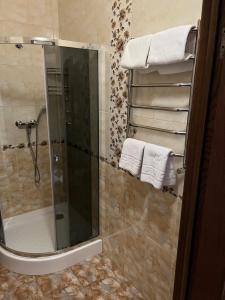 a bathroom with a shower with a glass door at Гостиный Двор Надежда in Khlibodarske +12 photos