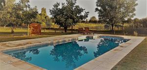 a swimming pool in a yard with a bench and trees at Cabaña Gota de Rocio en finca Margarita in San Rafael