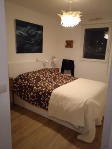 een slaapkamer met een bed en een kroonluchter bij Appartement Cosy Terrasse vue Quai Canal + parking in Sète