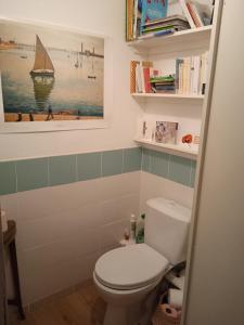 een badkamer met een toilet en een foto van een boot bij Appartement Cosy Terrasse vue Quai Canal + parking in Sète