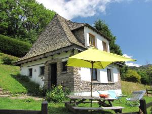 una casa con mesa de picnic y sombrilla en Chalet avec vue panoramique sur le Plomb du Cantal, en Saint-Jacques-des-Blats