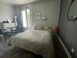 a bedroom with a bed and a table with chairs at Belle chambre au calme centre Montpellier in Montpellier