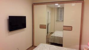 a glass shower door with a television in a room at Apartment Dedinje Hill 2 in Belgrade