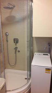 a shower with a glass door next to a toilet at Apartment Dedinje Hill 2 in Belgrade +1 photo