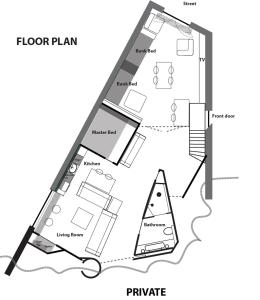 Načrt razporeditve prostorov v nastanitvi Flo's Atelier - Family studio