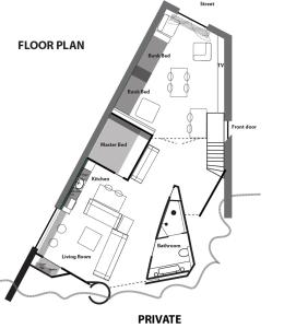 a plan of a floor plan of a house at Flo's Atelier - Family studio NOTE studio is adjacent to Flo's apartment in Amsterdam