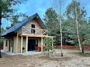 una cabina nel bosco con patio di Domki w Borach a Wycinki