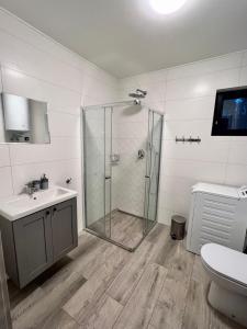bagno con doccia, lavandino e servizi igienici di Domki w Borach a Wycinki