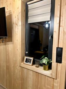 ein Fenster mit einem Bild und einer Pflanze darauf in der Unterkunft Domki w Borach in Wycinki
