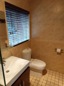 La salle de bains est pourvue de toilettes, d'un lavabo et d'une fenêtre. dans l'établissement Anna Katarina, à Sabie