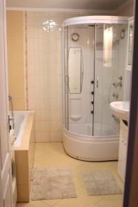 a bathroom with a shower and a sink at Holiday Vendégház in Eger