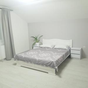 a white bedroom with a bed and a plant at Andrhouse in Verkhovyna