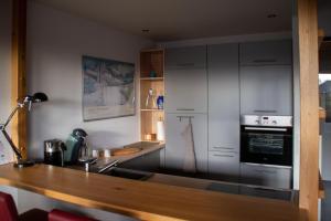 eine Küche mit Theke und Herd oberen Backofen in der Unterkunft a.SIEBEN in Wittmund