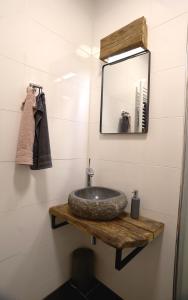 ein Badezimmer mit einem Steinwaschbecken und einem Spiegel in der Unterkunft Mad In Vienna in Wien