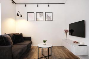 a living room with a couch and a tv at Owls Hill Apartment in Kaunas
