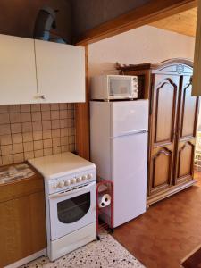 a kitchen with a white stove and a microwave at studio le panorama in La Bresse