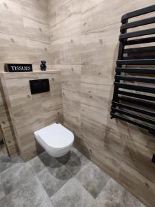 a bathroom with a toilet and wooden walls at Malinowa Chatka in Jankowice +85 photos