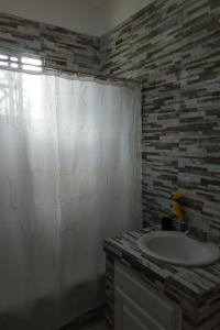 a bathroom with a sink and a white shower curtain at Unity Villa one bedroom apartment with, cable, park wifi,near beach in Montego Bay