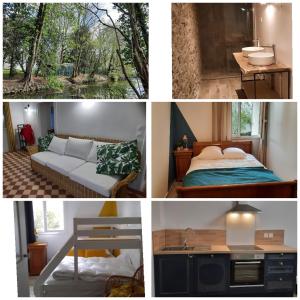 eine Collage mit vier Bildern eines Schlafzimmers und eines Bettes in der Unterkunft L'ILE DES PREVOTS in Crosne