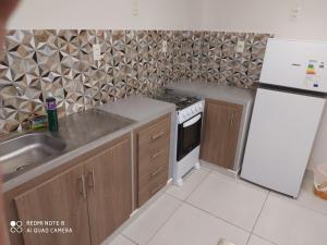 uma cozinha com um fogão, um lavatório e um frigorífico em Apart cómodo y seguro a pasos de todo 33 em Ciudad del Este