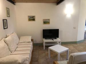 a living room with a couch and a tv and a table at La casina in Acquaviva