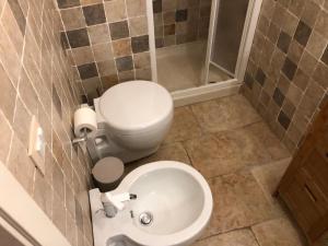 a bathroom with a toilet and a sink and a shower at La casina in Acquaviva +20 photos