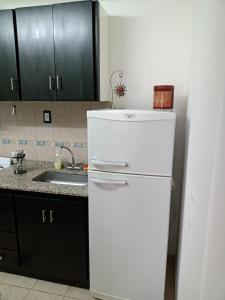 frigorifero bianco in cucina con lavandino di Cálido Departamento y Estacionamiento Gratuito a Godoy Cruz