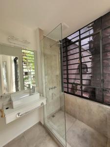 a bathroom with a shower and a sink and a mirror at Casa Villanueva in Mendoza