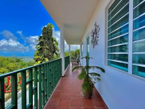 un balcón con una maceta. en Pancho's Paradise - Rainforest Guesthouse with Pool, Gazebo and View, en Canovanas