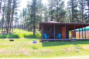 a small cabin with two blue chairs in a yard at Cabin 5 at Horse Creek Resort in Rapid City