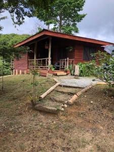 una cabaña de madera con un porche delante en Log Cabin in Tinamaste Valley, Habacuc Woods, BARÚ, en Platanillo