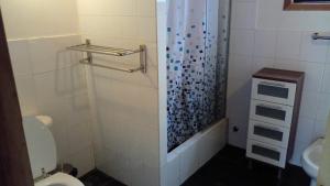 Un baño con ducha, inodoro y lavabo. en Cabaa Oregn con hot tub exclusivo cerca de termas y lago, en Coñaripe 18 fotos más