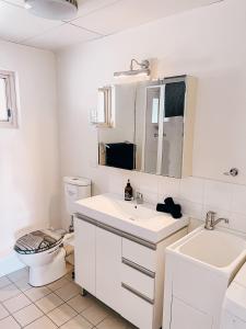 a white bathroom with a toilet and a sink at Riverfront Dream on the Hawkesbury - Water View in Brooklyn