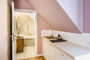 eine Küche mit einem Waschbecken und einer Dusche in einem Zimmer in der Unterkunft Przystanek Babia Apartamenty in Lipnica Wielka