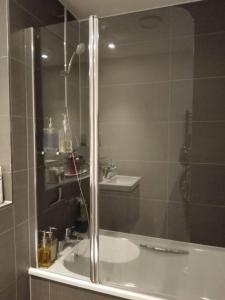 a bathroom with a shower and a sink at Whole apartment 5 mins to East Croydon & concierge in London