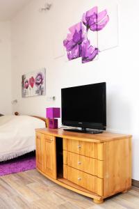 a bedroom with a television on a wooden cabinet at Apartment LuVi in Korčula
