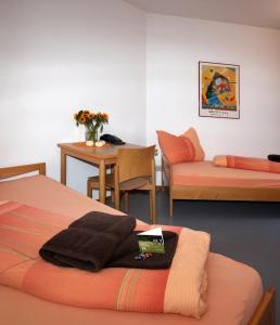 a room with two beds and a table with a chair at Haus Venusberg Jugendbildungsstätte Bonn in Bonn