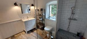ein Badezimmer mit Dusche, Waschbecken und Toilette in der Unterkunft Ferienwohnungen Marienweiher in Marktleugast