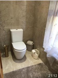 a bathroom with a white toilet and a basket at Luxurious Studio Apartment in Fahan Co Donegal in Fahan