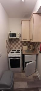 Una pequeña cocina con estufa y microondas. en Cosy Mews House Close to Harbour, en Porthmadog