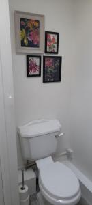 baño con aseo y 3 cuadros en la pared en Cosy Mews House Close to Harbour, en Porthmadog 10 fotos más