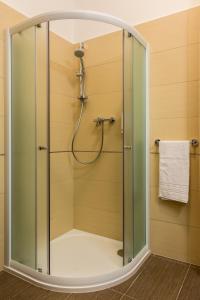 a shower with a glass door in a bathroom at Hotel Lužnice in Planá nad Lužnicí