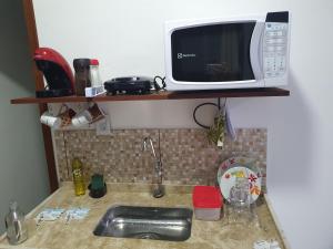 a kitchen counter with a sink and a microwave on a shelf at Flat da Praia de Tarituba 1 in Paraty