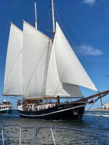 a sail boat with white sails in the water at Pension Villa Ostseetraum in Warnemünde