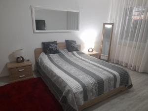 a bedroom with a bed and a window and a mirror at New 33 in Bacău