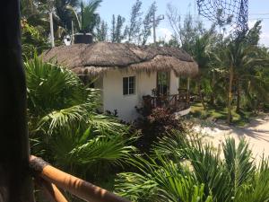a small house with a thatched roof at Casa 5 Palmas in Puerto Morelos