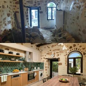 twee foto's van een keuken met een tafel erin bij Beit Petra in Daratso