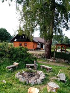 een vuurplaats voor een huis met een boom bij Penzion Olšina 31 in Horní Planá
